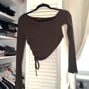 White Fox Long Sleeve Asymmetrical Top in Chocolate